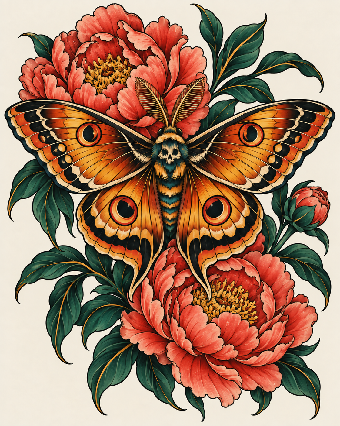 Starting design: amber-winged moth with coral peonies and green leaves