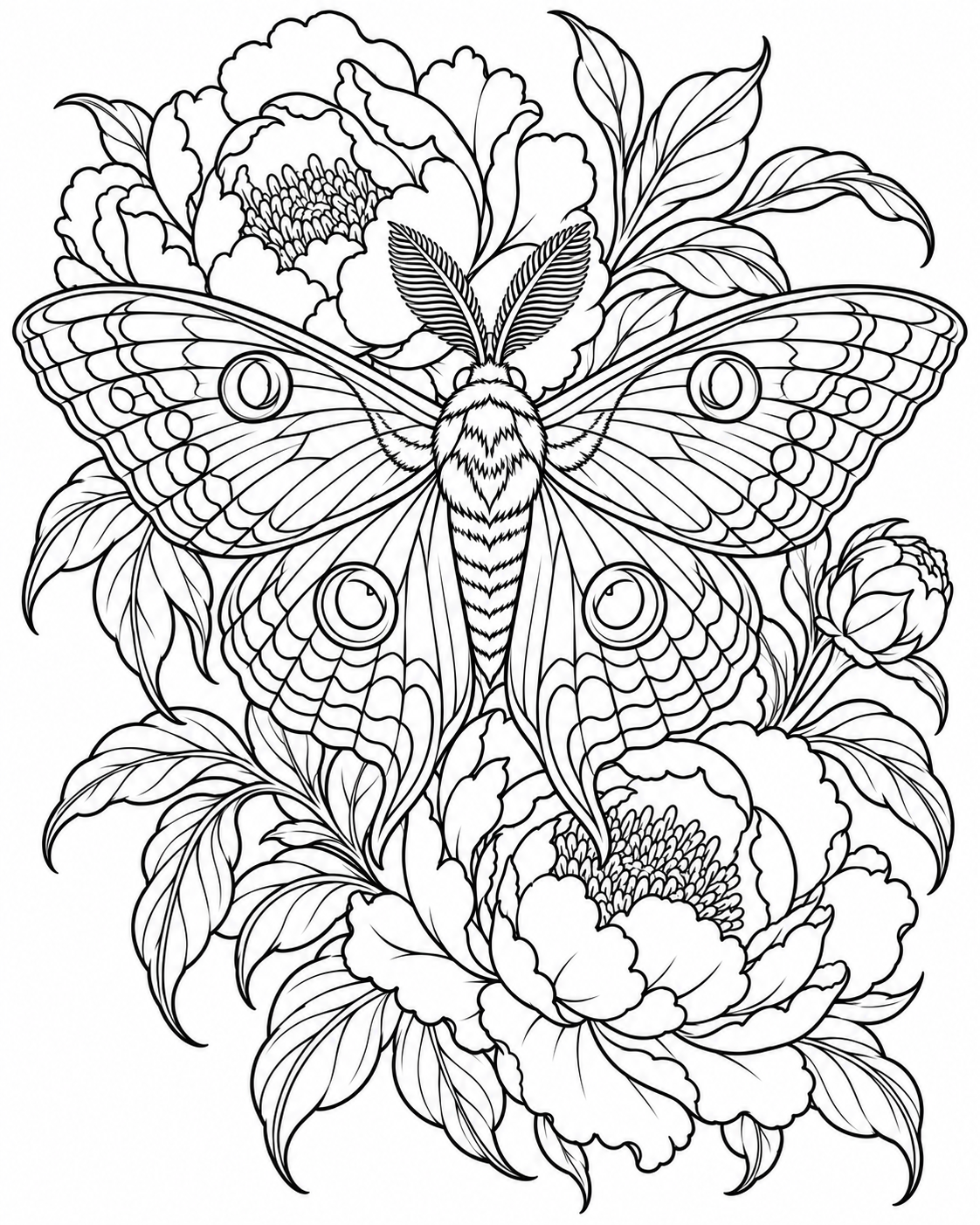 Illustrative moth and peony stencil linework