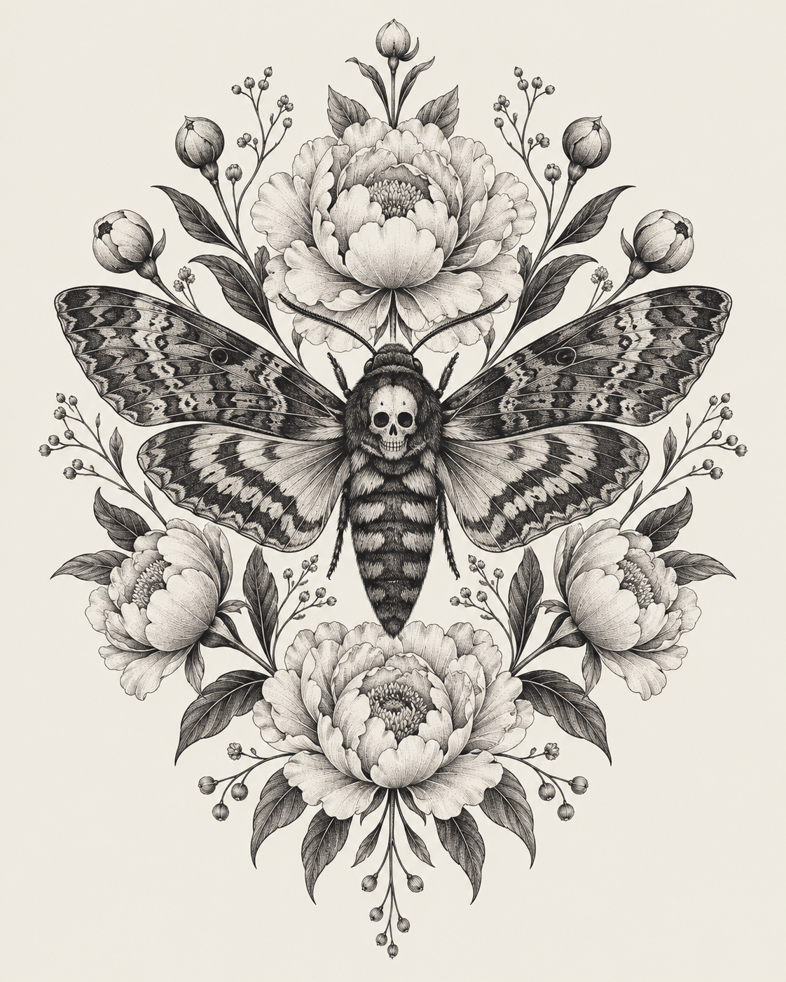 Intricate black-and-grey moth and peony linework