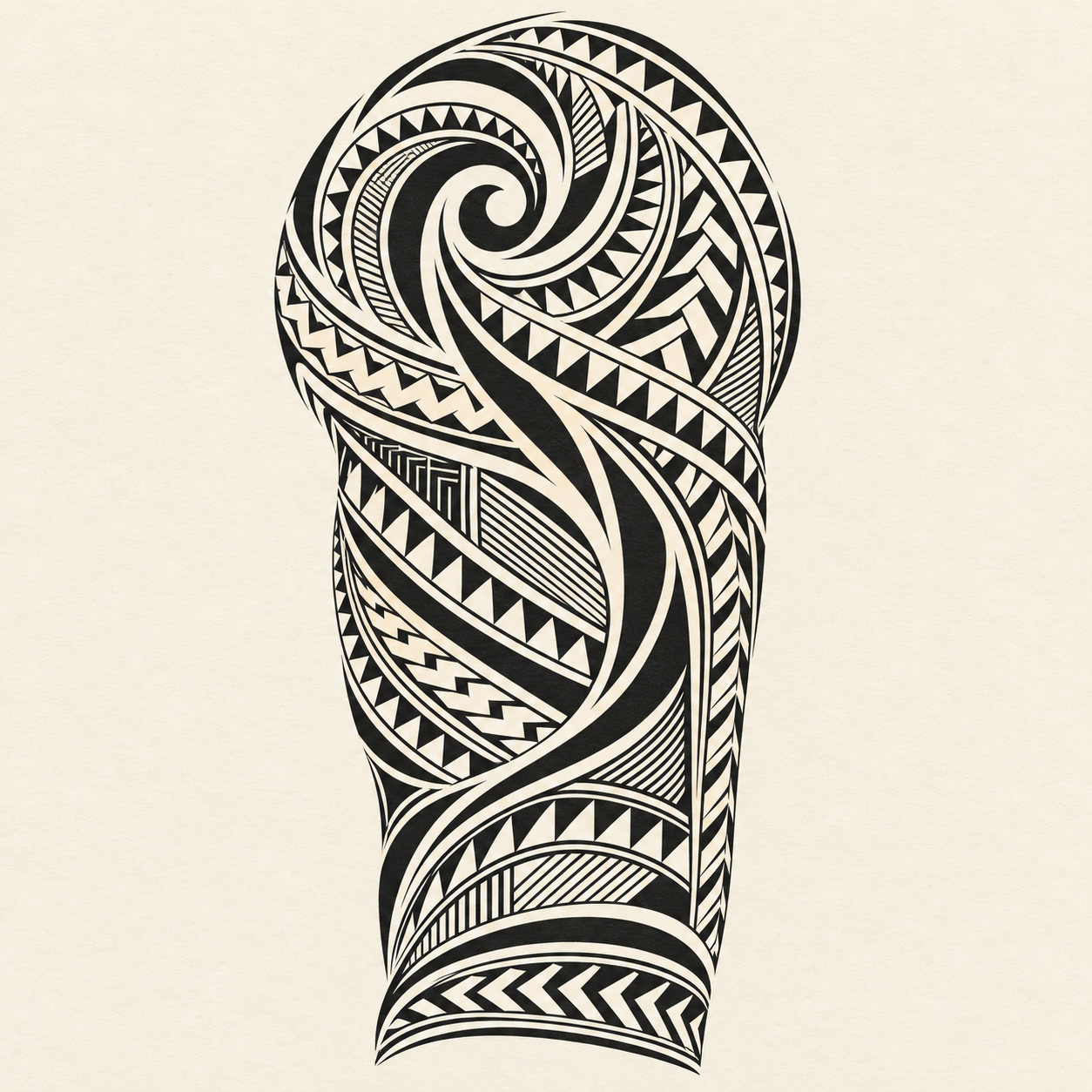 Original tribal half-sleeve design with flowing blackwork panels, repeating geometric bands and curved negative space