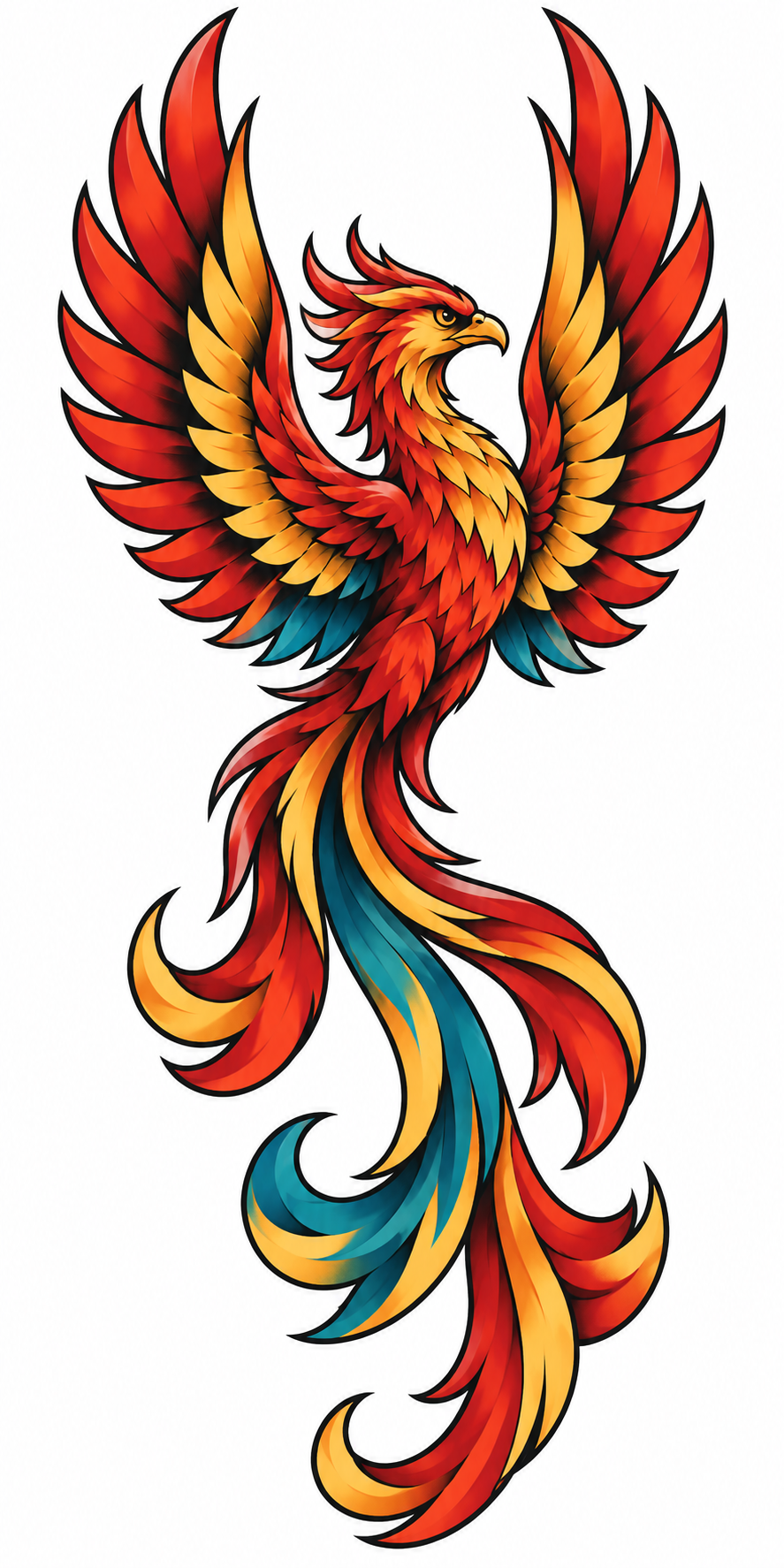 Vibrant red, gold and teal phoenix tattoo design with raised wings and a long flowing tail